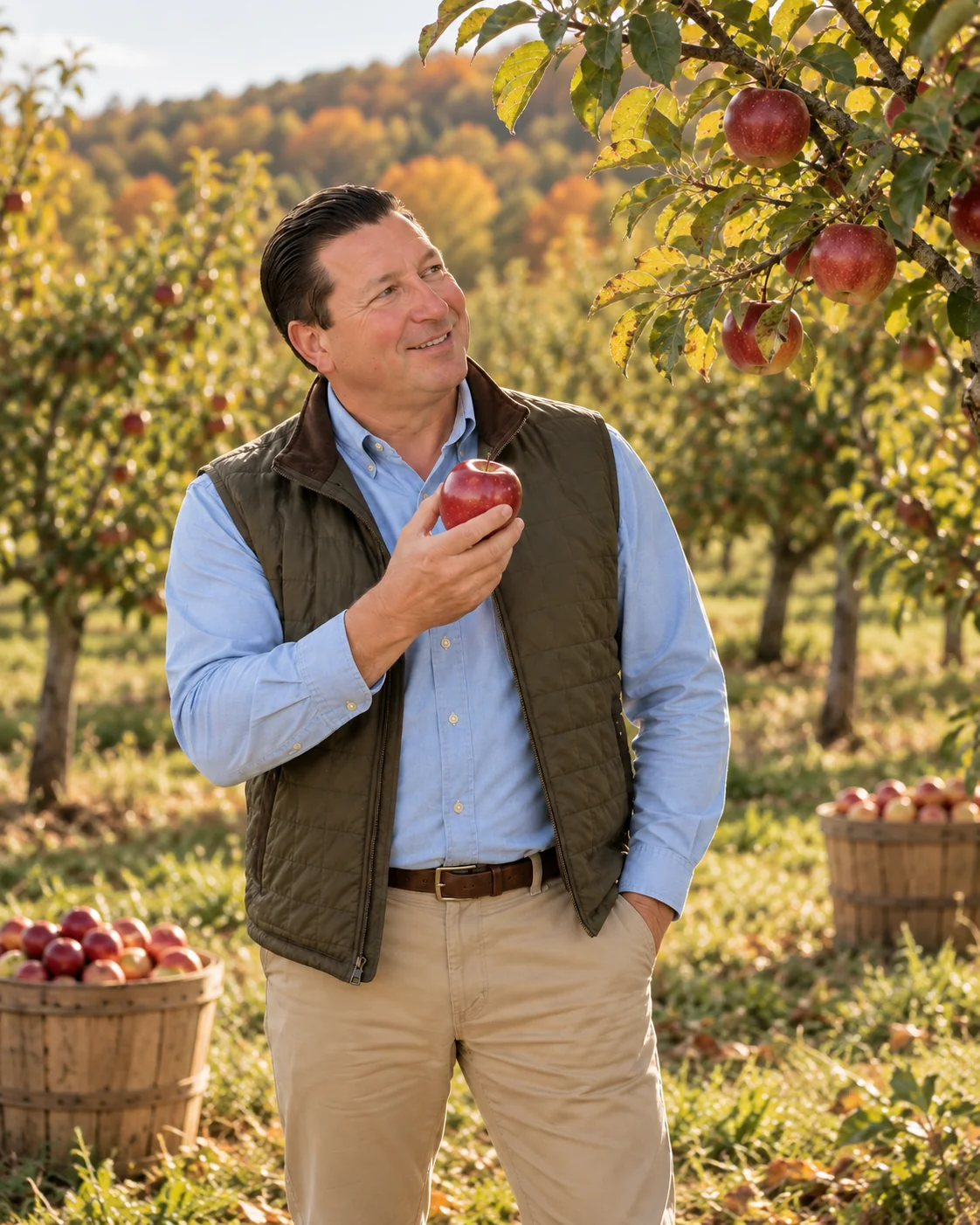 Rob Gregory smiling in an apple orchard in autumn, holding a red apple, with bushel baskets of apples behind him.