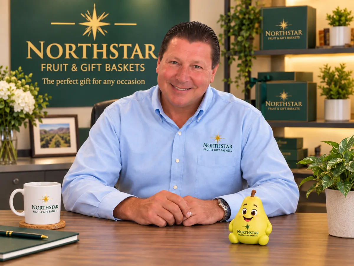 Rob Gregory, founder of Northstar Fruit & Gift Baskets, at his desk
